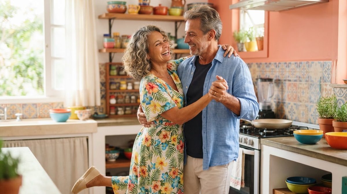 Casal de cerca de 60 anos dançando e rindo juntos na cozinha de casa