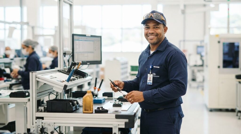 Trabalhador de uniforme azul sorrindo em sua bancada numa fábrica clara e moderna