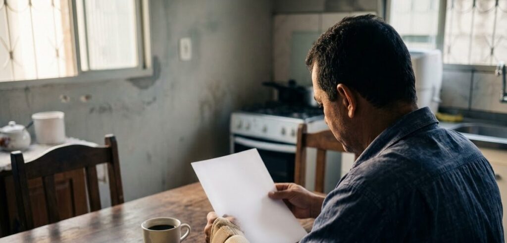 Homem à mesa da cozinha lendo uma folha de papel, com imobilizador no punho
