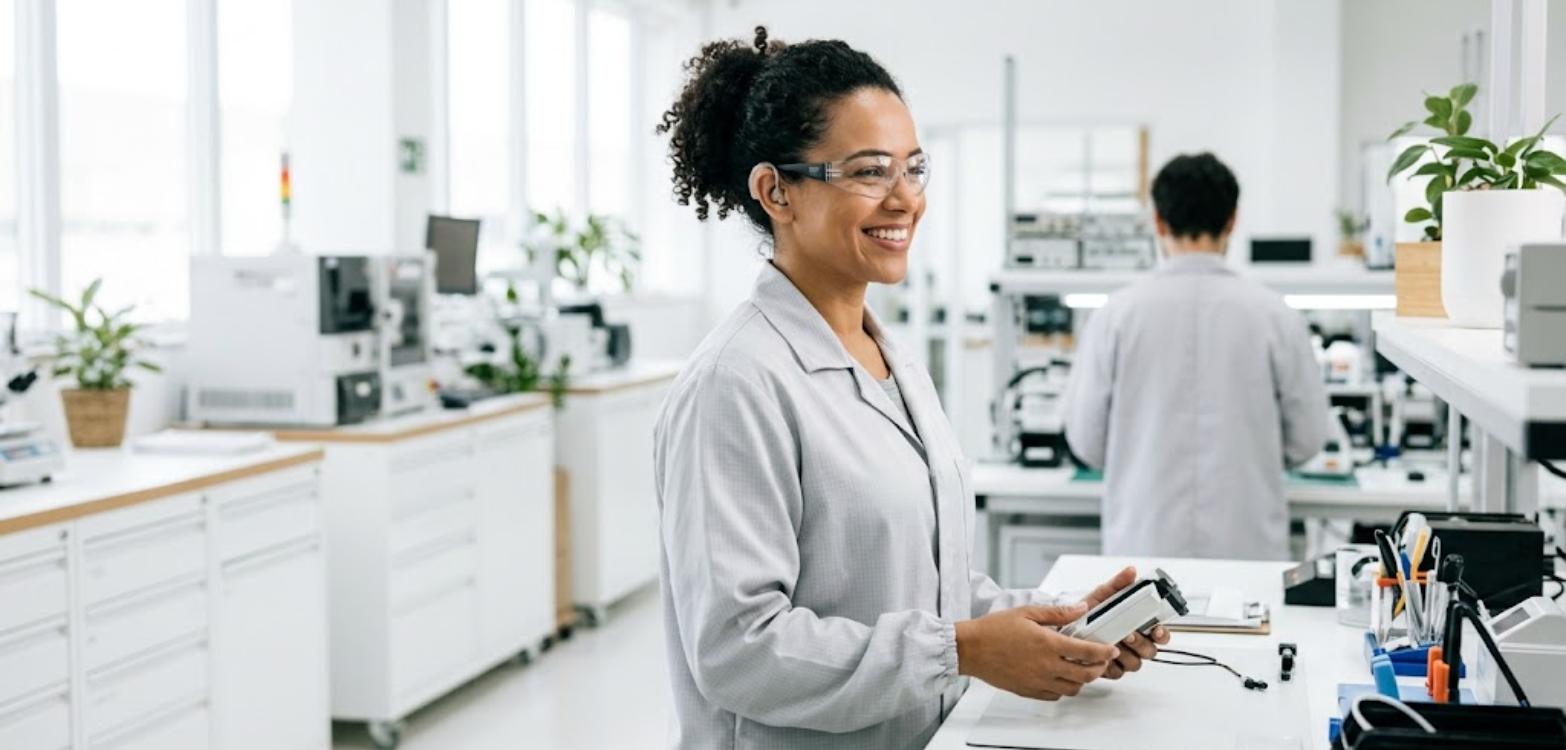 Quem recebe BPC pode trabalhar de carteira assinada? 1 Trabalhadora com aparelho auditivo sorrindo em laboratório moderno e claro