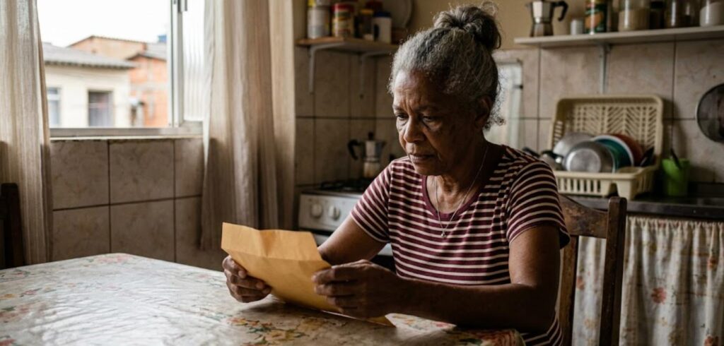 Mulher idosa lendo uma carta na cozinha de casa, preocupada com o benefício
