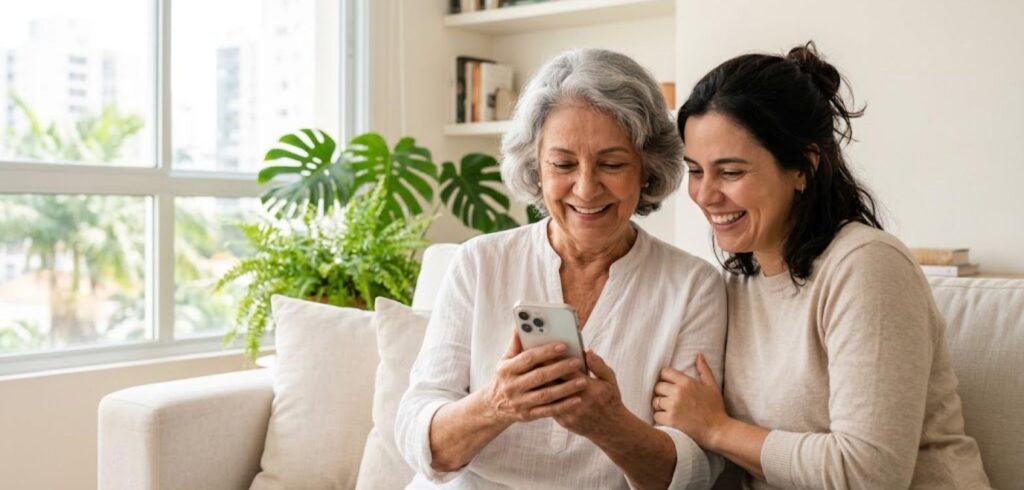 O BPC foi bloqueado por causa do CadÚnico. O que fazer? 2 Senhora e filha sorrindo ao ver a situação do benefício no celular