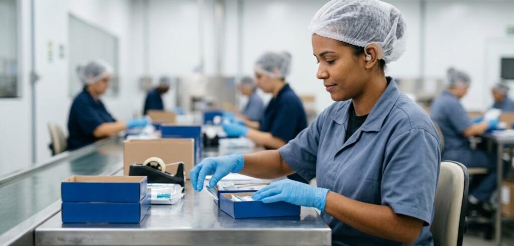 Trabalhadora com aparelho auditivo em linha de embalagem de fábrica