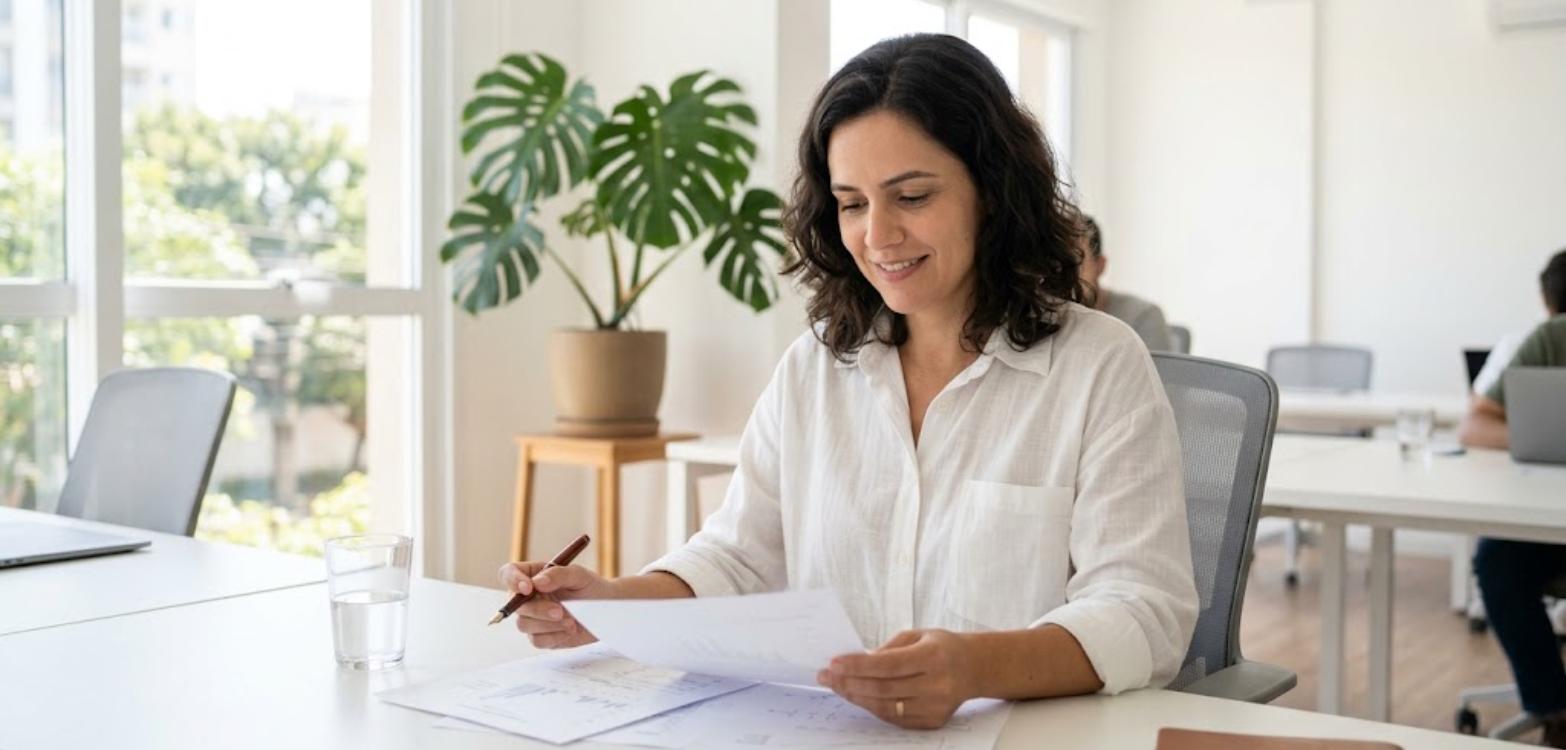 Quem ganha até R$ 5 mil não paga custas para processar a empresa? 1 Trabalhadora conferindo documentos em ambiente de trabalho claro