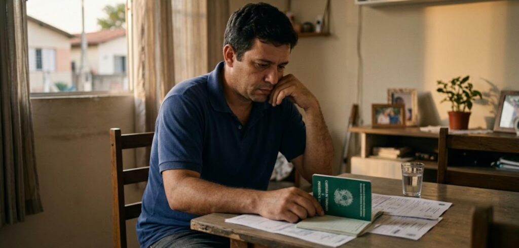 Trabalhador recém-demitido olhando a carteira de trabalho e documentos sobre a mesa