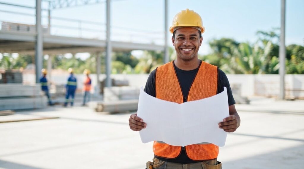 Trabalhador da construção de capacete amarelo e colete laranja segurando um documento, sorrindo
