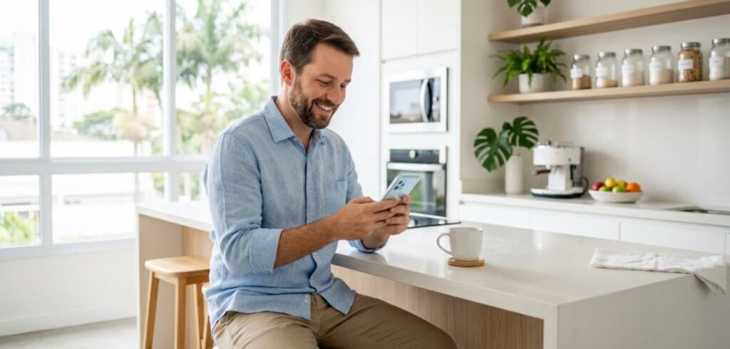 Ganhei a ação trabalhista e a empresa não paga. O que fazer? 3 Homem sorrindo ao ver uma notificação no celular em cozinha clara