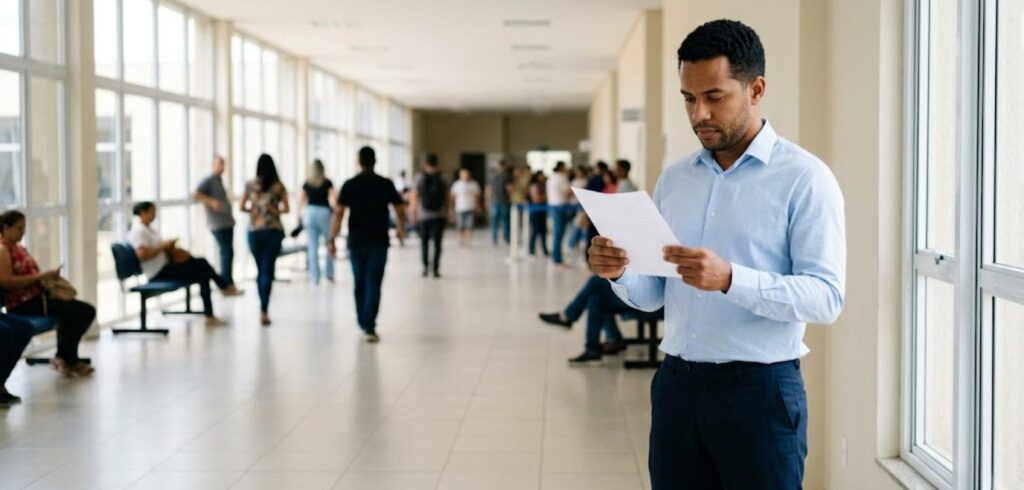 Trabalhador lendo um documento no corredor de um prédio público
