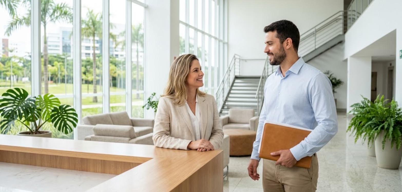 Perdi a ação trabalhista: tenho que pagar o advogado da empresa? 1 Advogada e cliente conversando no saguao claro de um prédio