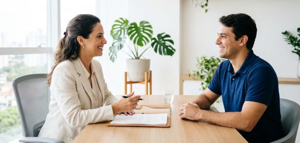 Quem é MEI ou autônomo tem direito ao auxílio-acidente? 2 Advogada e cliente conversando em escritório claro durante atendimento