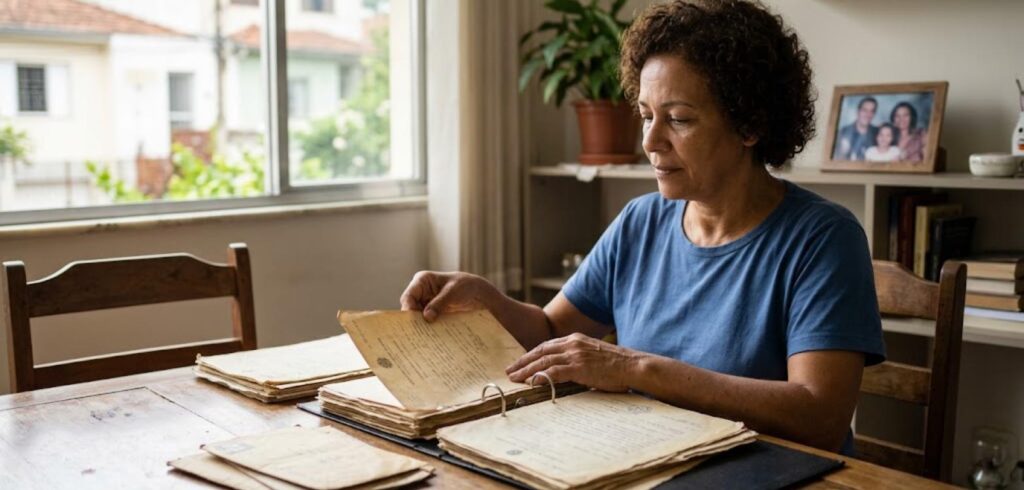 Mulher organizando certidões e documentos antigos sobre a mesa de casa