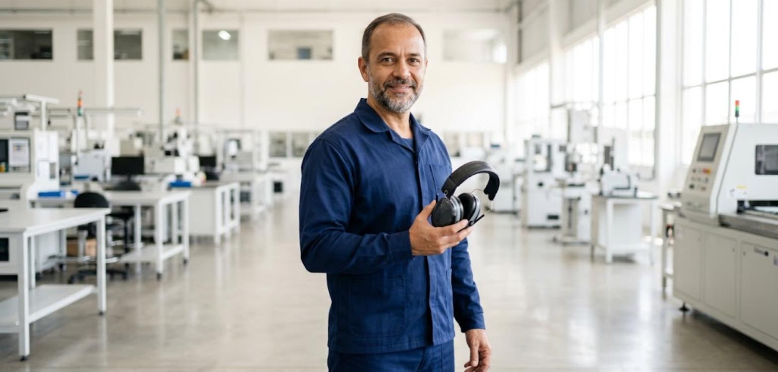 Perdi audição no trabalho: tenho direito ao auxílio-acidente? 1 Trabalhador de fábrica segurando protetor auricular em ambiente claro e organizado