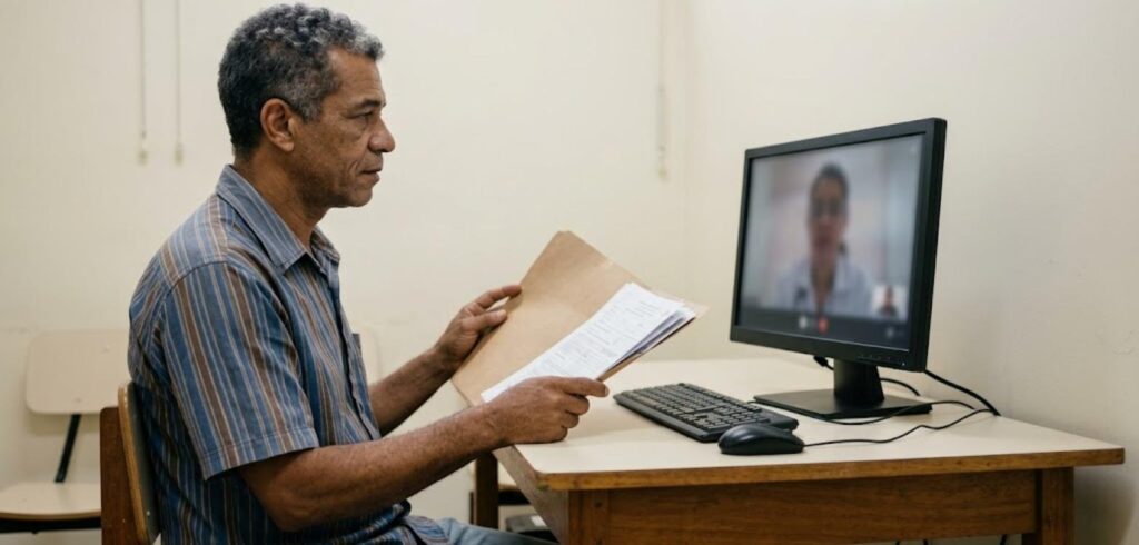 Segurado atendido por videoconferência em sala de agência, com exames na mão