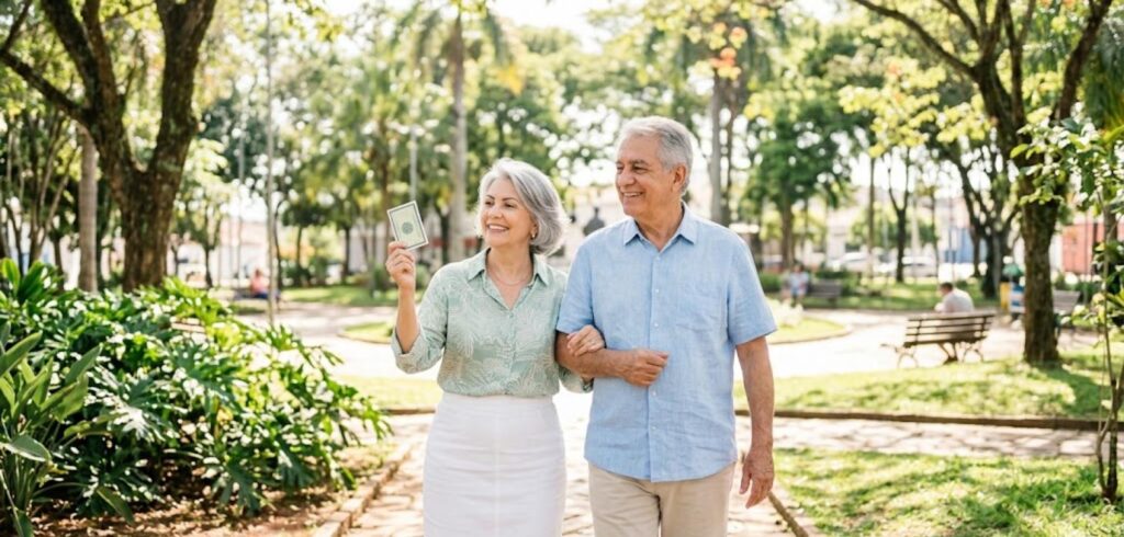 Votar nas eleições vale como prova de vida do INSS? 1 Casal de aposentados caminhando em uma praça ensolarada, ela com o documento na mão