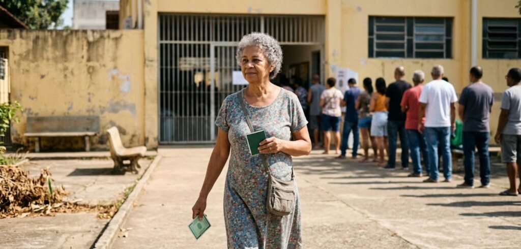 Aposentada caminhando no pátio de uma escola com documento na mão
