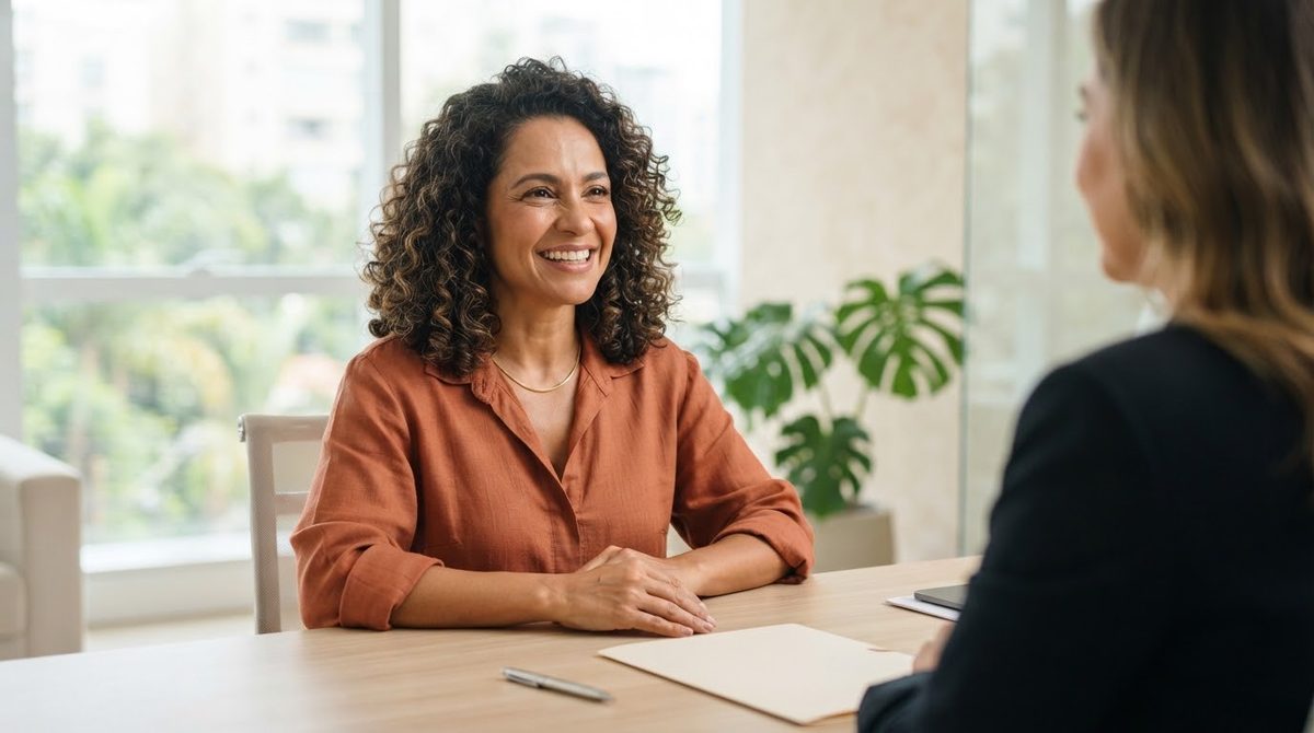 Trabalhadora sorrindo durante conversa com advogada em escritório claro