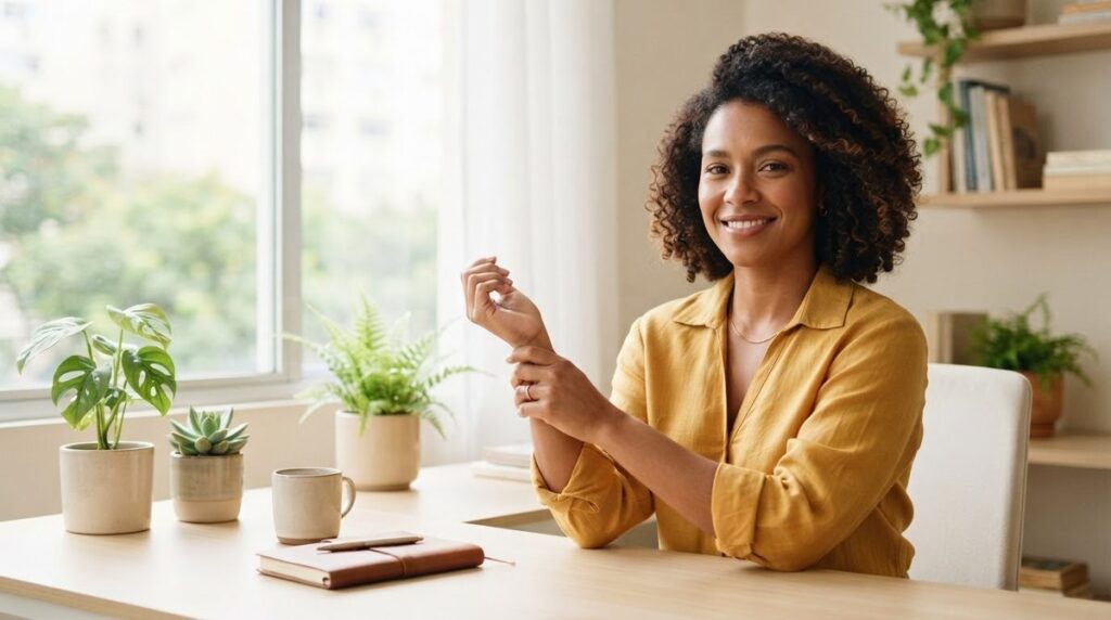 Mulher de blusa amarela alongando o punho à mesa de trabalho, sorrindo
