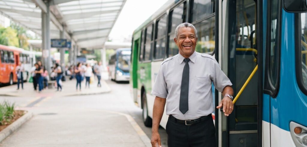 Motorista de ônibus sorrindo no terminal