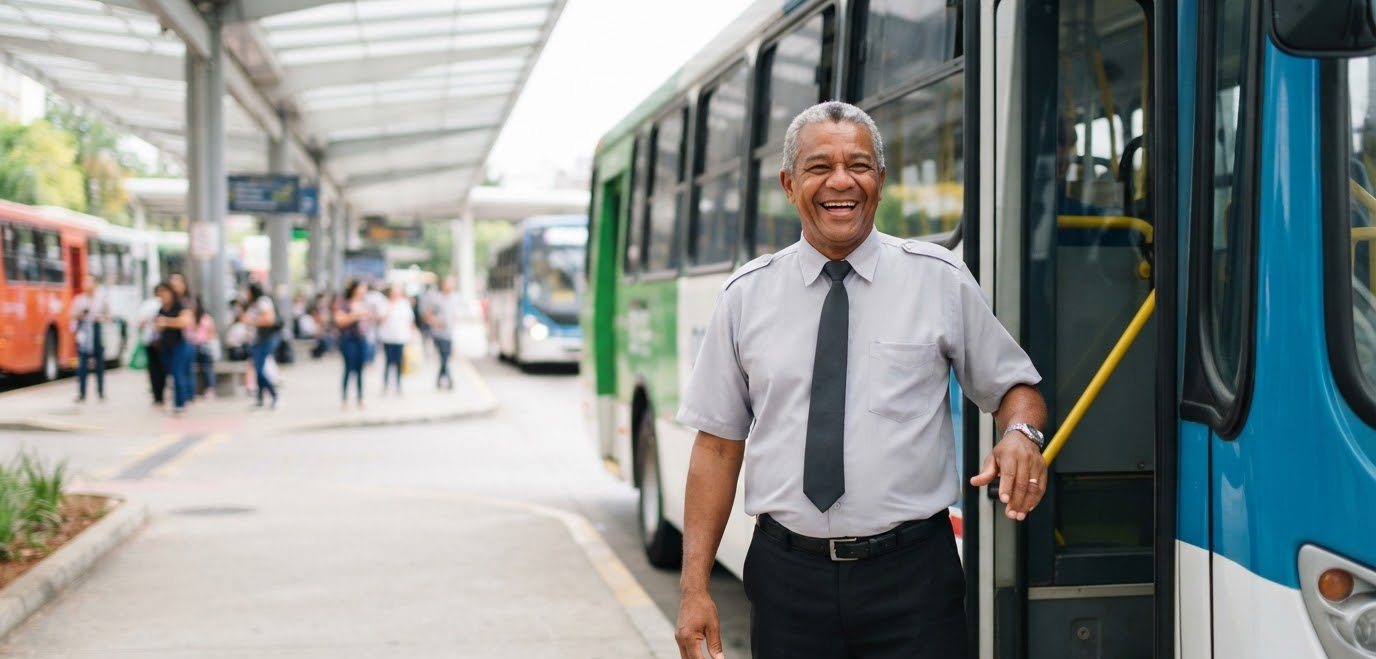 Motorista de ônibus sorrindo no terminal
