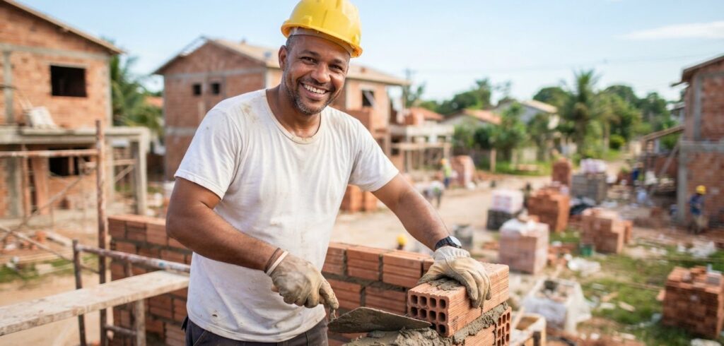 Pedreiro sorrindo em obra residencial