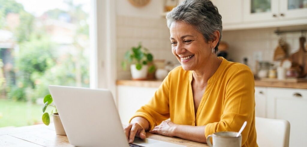Mulher satisfeita usando notebook em casa