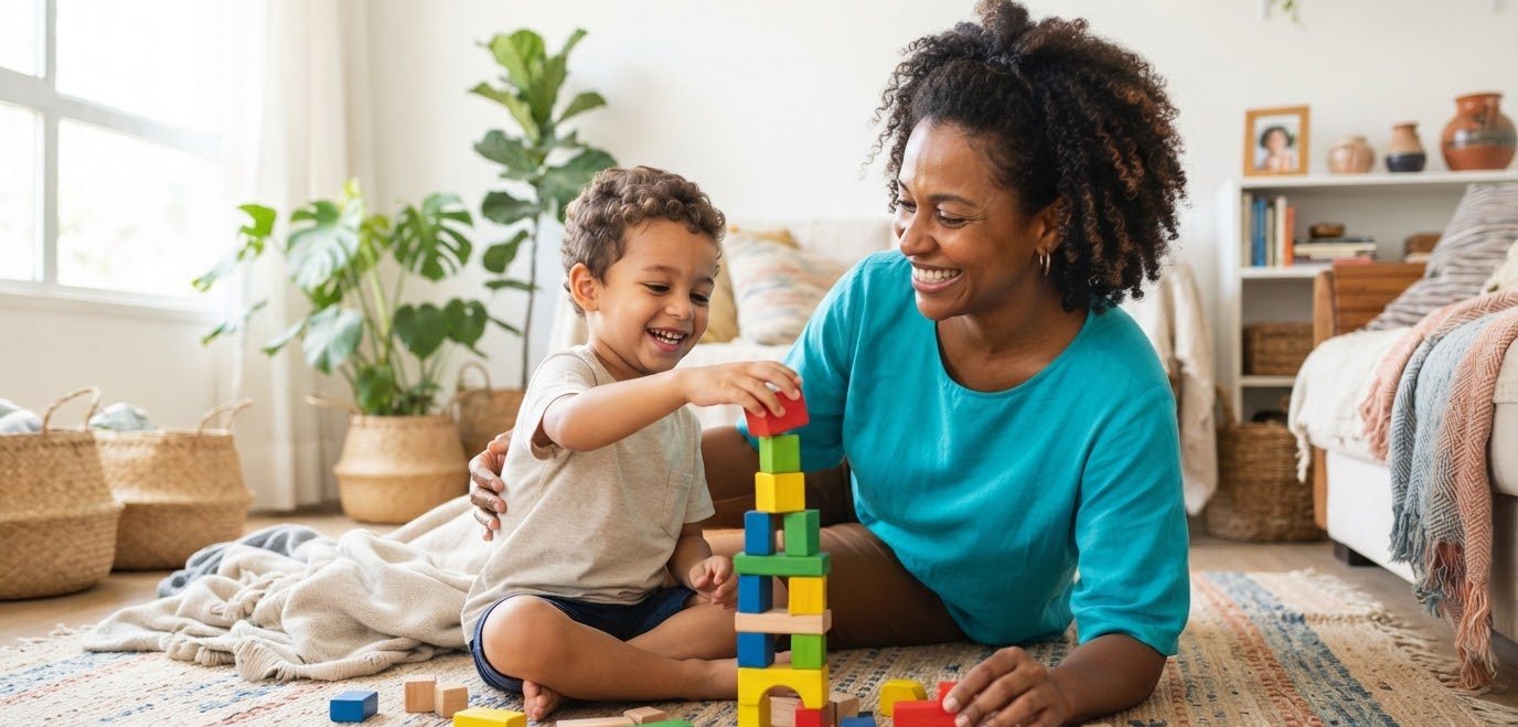 Mãe brincando com o filho na sala