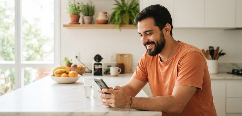 Homem aliviado lendo o celular na cozinha
