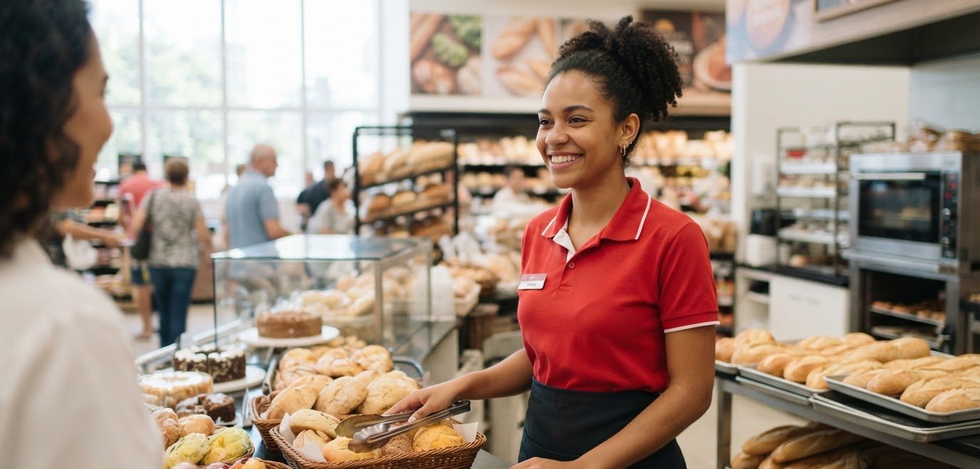 Trabalhadora sorrindo no balcão de padaria de supermercado
