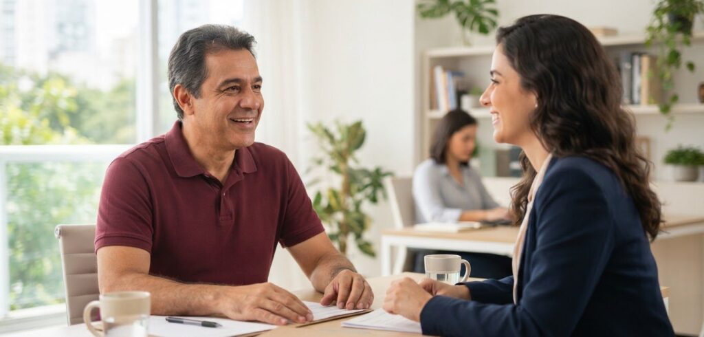 Segurado conversando com advogada