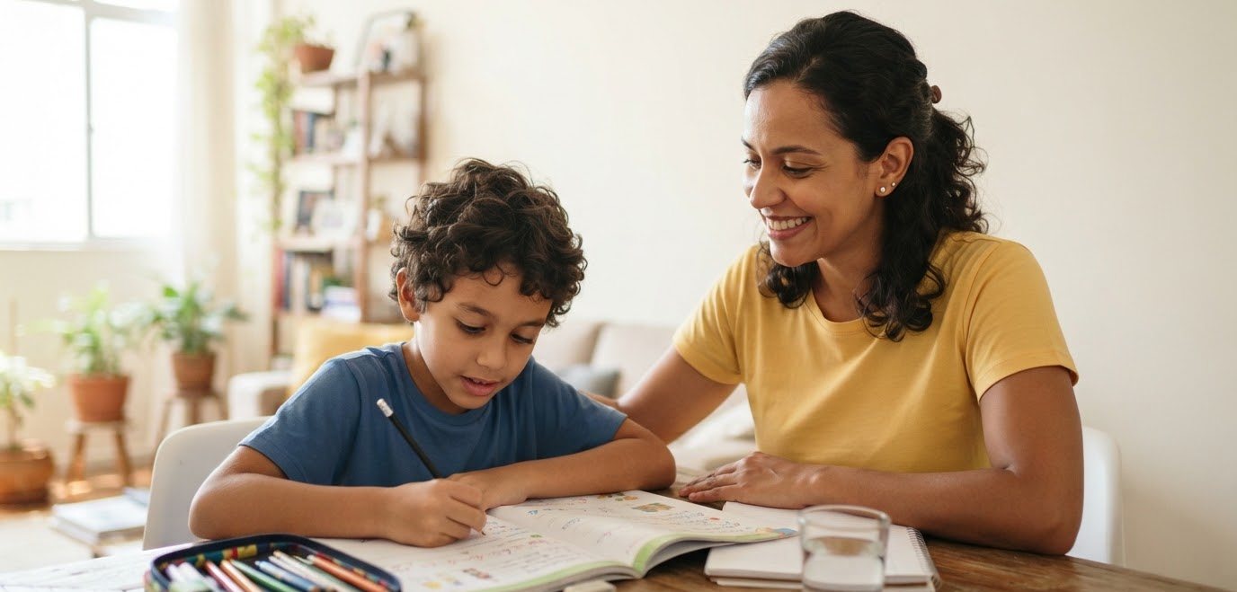 Mãe ajudando o filho com a lição de casa