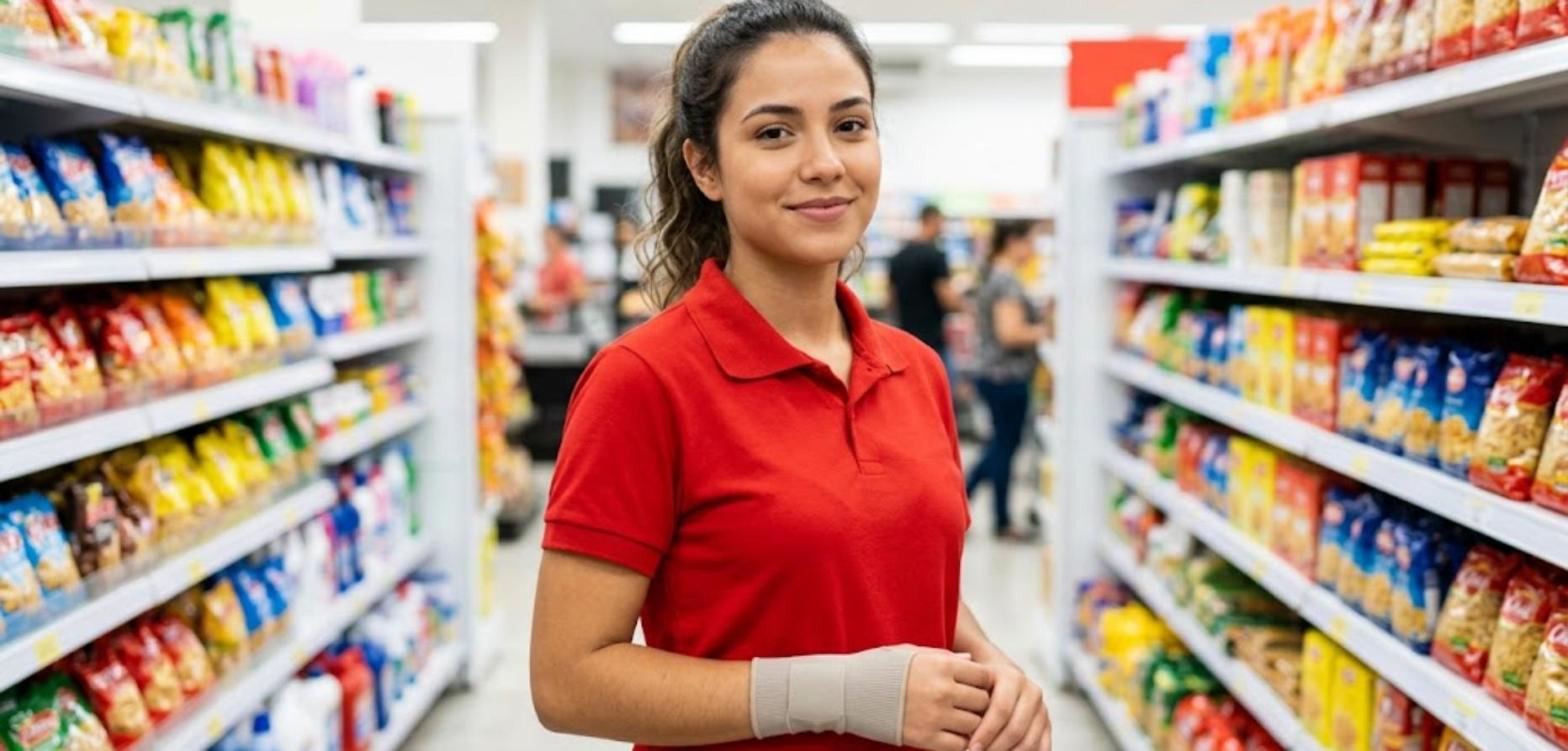 Jovem funcionária de supermercado de camisa polo vermelha com munhequeira no punho