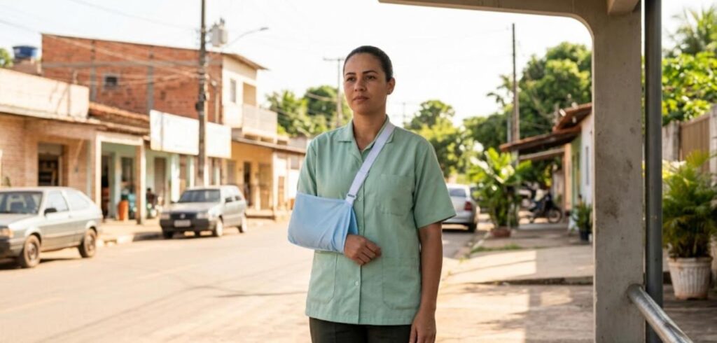Trabalhadora de uniforme verde com o braço na tipóia em um ponto de ônibus