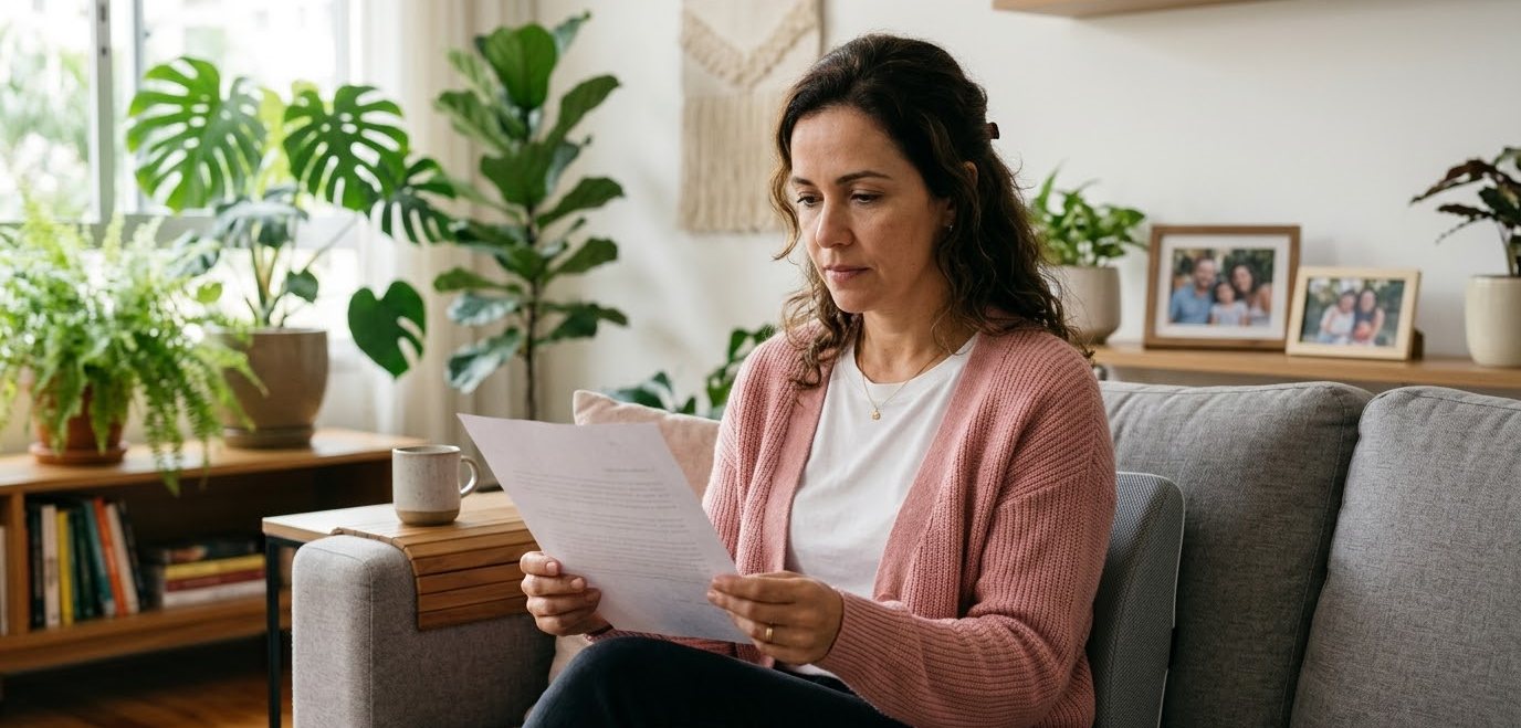 Afastado pelo INSS: como ficam as férias, o 13º e o FGTS? 1 Mulher de cardigã rosa lendo uma carta no sofá de casa