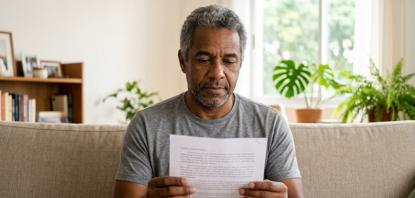Alta programada do INSS: como pedir a prorrogação do auxílio-doença? 1 Homem lendo uma carta sentado no sofá
