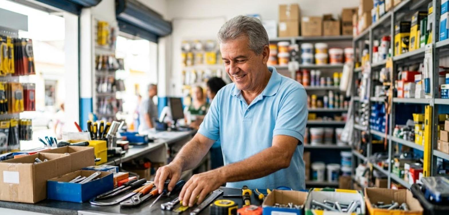 Aposentado pode trabalhar de carteira assinada? E o FGTS? 1 Homem de cabelos grisalhos e camisa polo azul sorrindo enquanto organiza ferramentas no balcão de uma loja