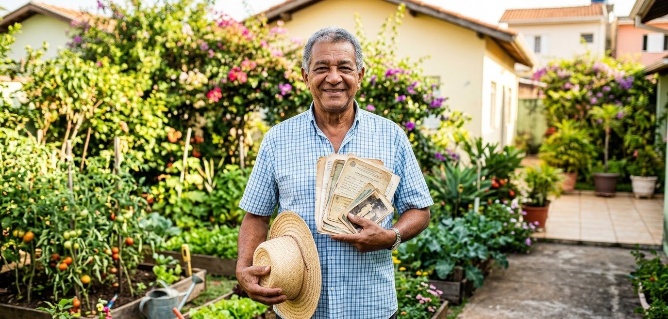 Trabalhei na roça quando era jovem e depois vim para a cidade. O tempo rural conta para aposentar? 1 Aposentado com chapéu de palha e documentos antigos no quintal