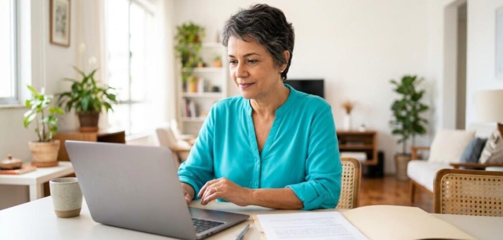 Mulher de blusa turquesa usando o notebook com uma pasta de documentos ao lado