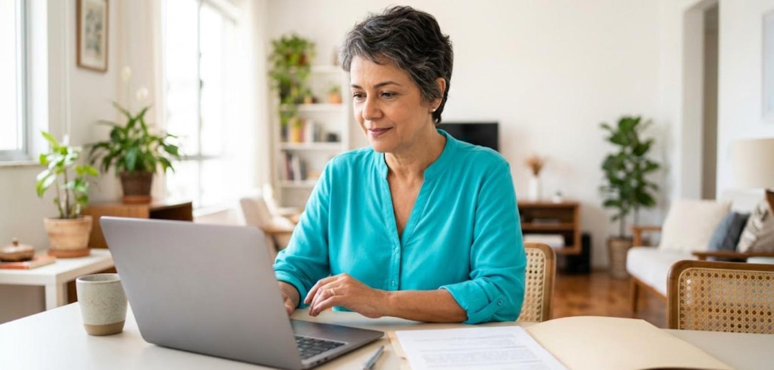 Mulher de blusa turquesa usando o notebook com uma pasta de documentos ao lado