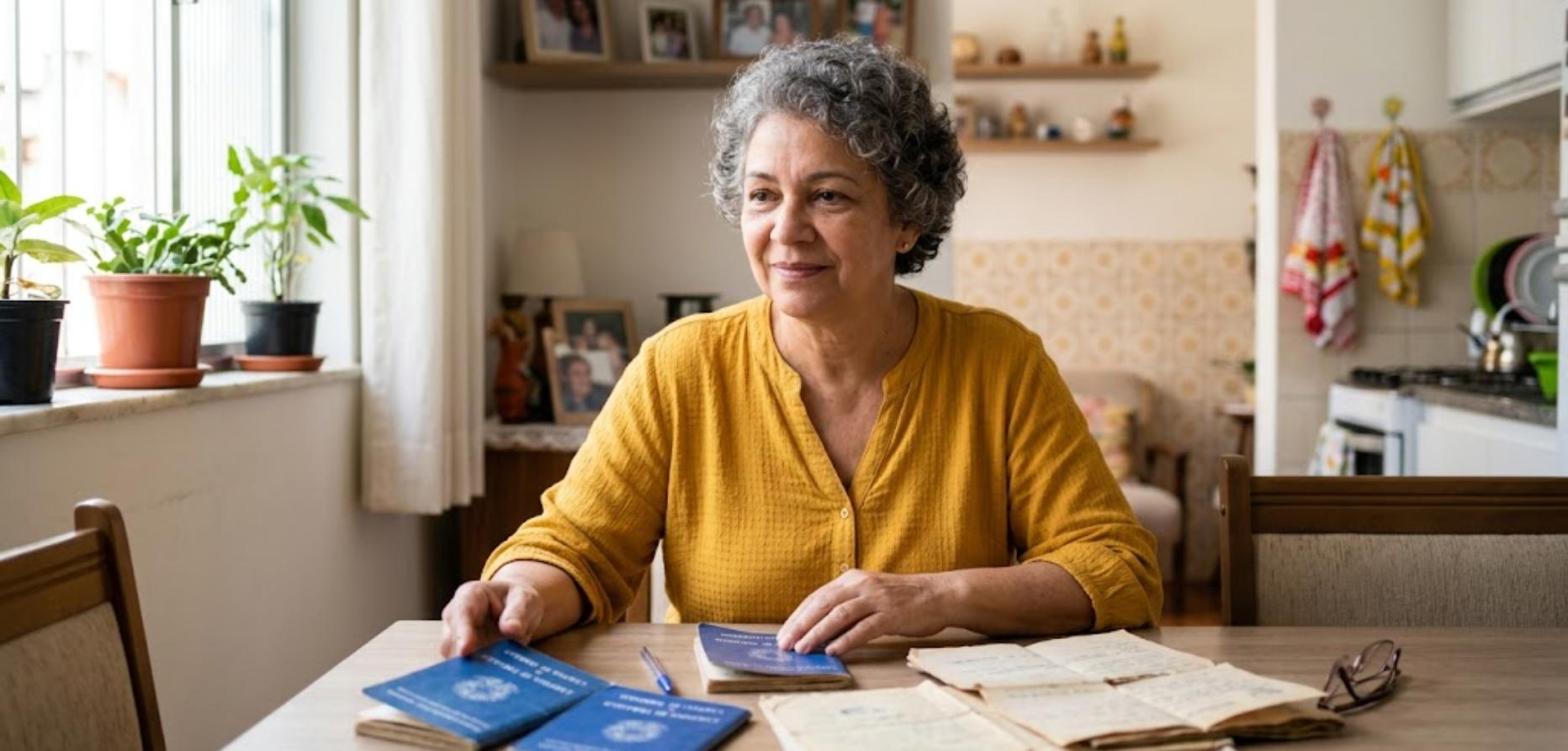 Nunca contribuí para o INSS. Posso me aposentar por idade? 1 Mulher de blusa amarela com carteiras de trabalho antigas sobre a mesa de casa