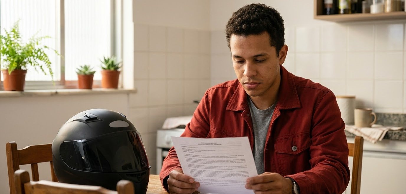 Sofri acidente de moto: tenho direito a auxílio-acidente? 1 Rapaz de jaqueta vermelha lendo um laudo, com o capacete da moto na cadeira ao lado