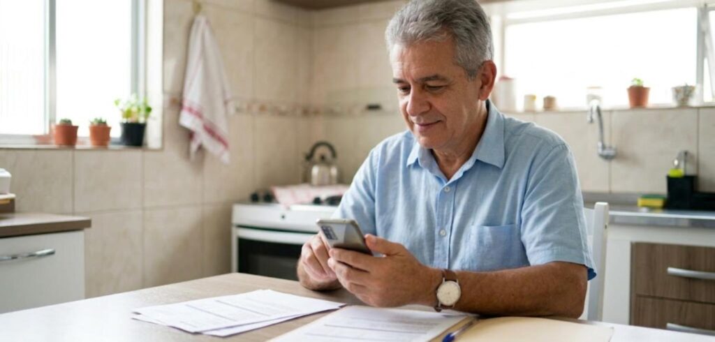 Homem grisalho de camisa azul-clara usando o celular e conferindo papéis na mesa da cozinha