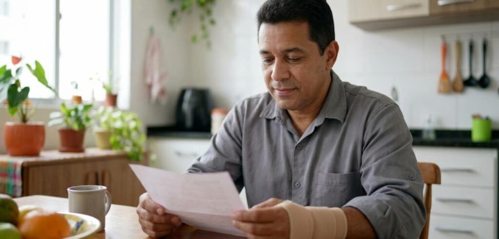 Mecânico de camisa cinza com munhequeira lendo uma carta na mesa da cozinha
