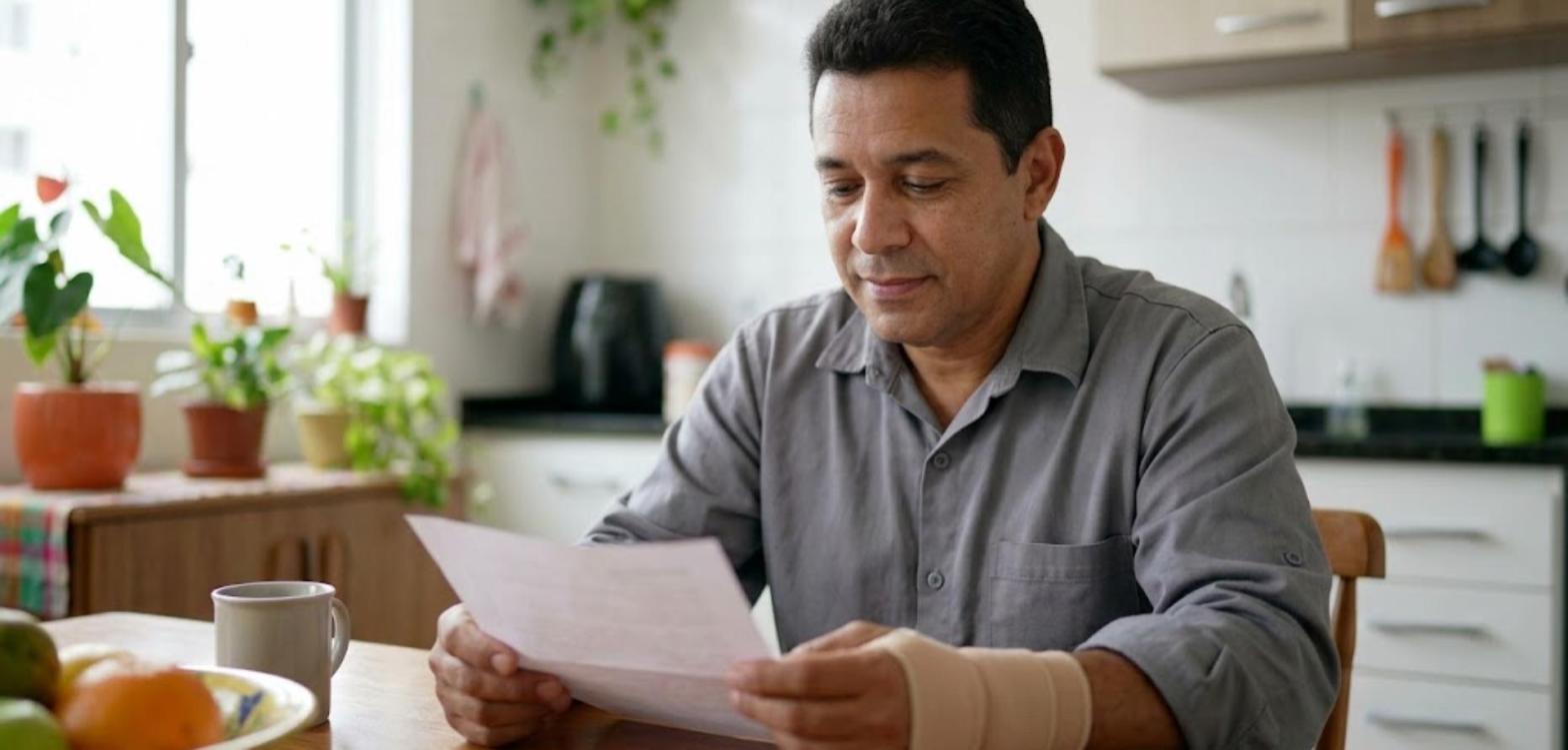 Mecânico de camisa cinza com munhequeira lendo uma carta na mesa da cozinha