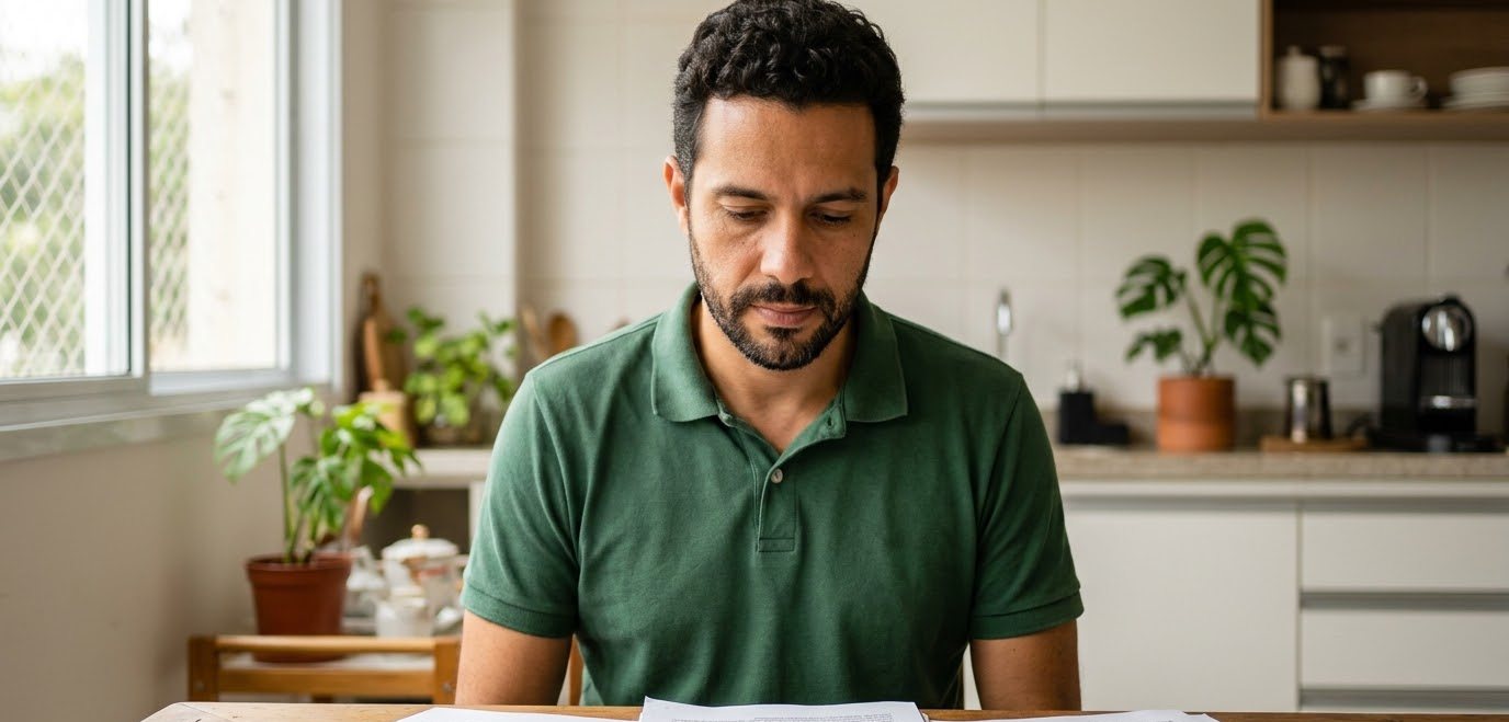 Sofri um acidente depois de ser demitido. Tenho direito ao auxílio-acidente? 1 Homem lendo papéis na mesa da cozinha