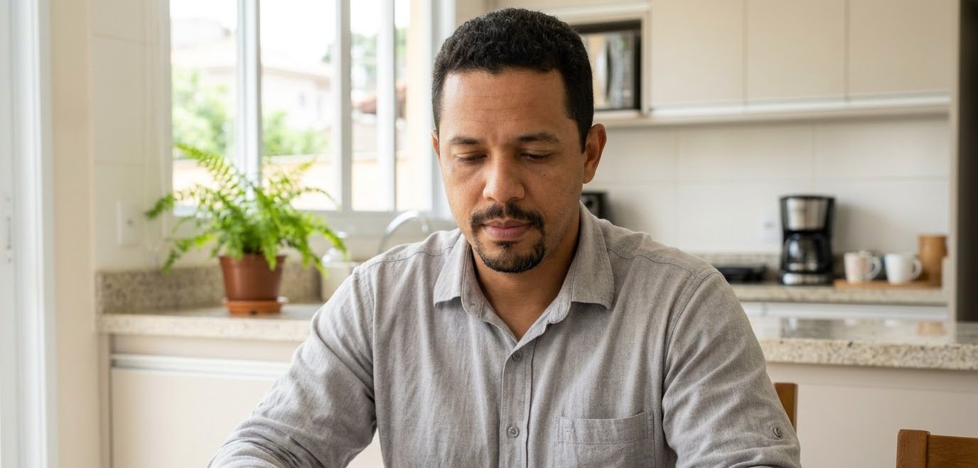 Lesão no ombro depois de acidente dá direito ao auxílio-acidente? 1 Eletricista lendo um documento na mesa da cozinha