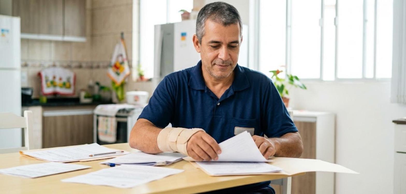 Trabalhador de camisa polo azul-marinho com munhequeira organizando laudos na mesa da cozinha