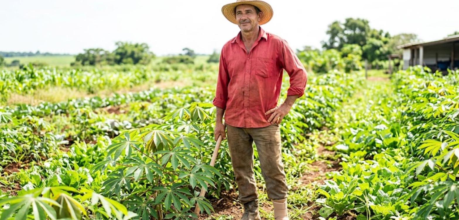 Trabalhador rural tem direito ao auxílio-acidente? 1 Pequeno produtor de chapéu de palha e camisa vermelha na plantação de mandioca
