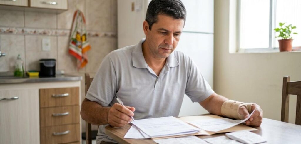Trabalhador de camisa polo cinza com tala no punho conferindo papéis na mesa da cozinha