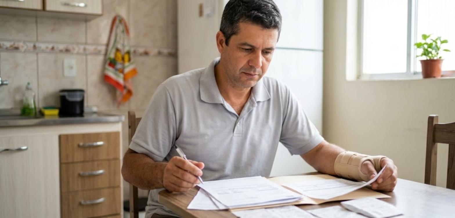 Trabalhador de camisa polo cinza com tala no punho conferindo papéis na mesa da cozinha
