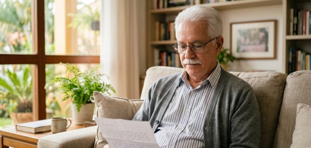 Senhor de cabelos brancos lendo uma carta no sofá da sala